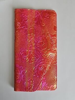 Embossed Rose Soft Vinyl Wallet in Shimmering Pink-Orange
